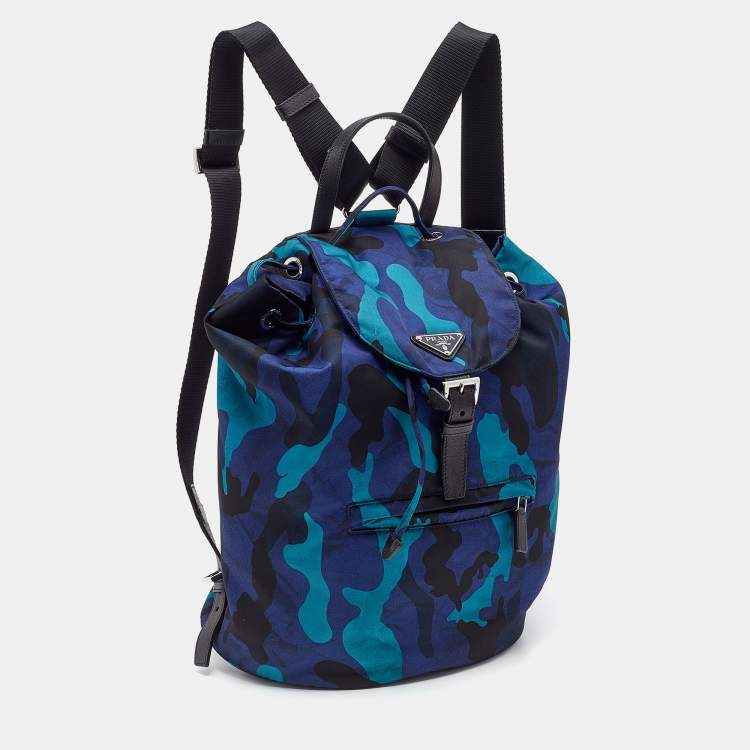 Pre Owned Prada Blue/Black Camouflage Printed Nylon And Leather Tessuto Backpack