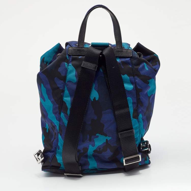 Pre Owned Prada Blue/Black Camouflage Printed Nylon And Leather Tessuto Backpack