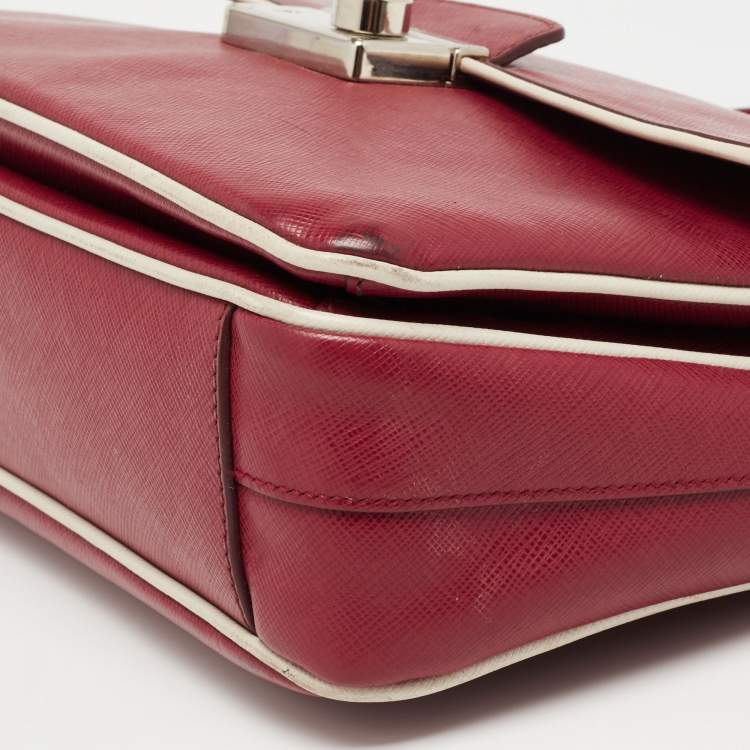 Pre Owned Prada Red/White  Saffiano Lux Leather Sound Top Handle Bag