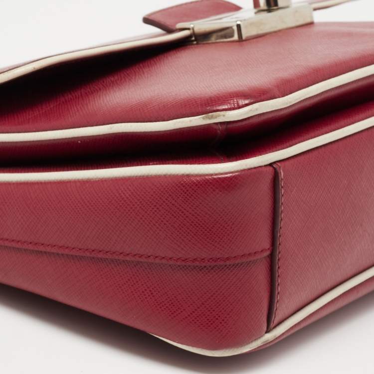 Pre Owned Prada Red/White  Saffiano Lux Leather Sound Top Handle Bag