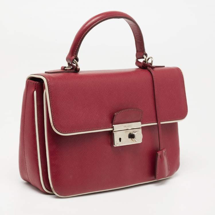 Pre Owned Prada Red/White  Saffiano Lux Leather Sound Top Handle Bag