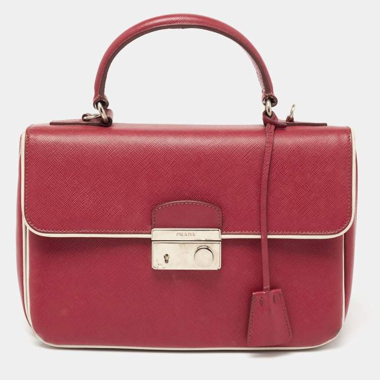 Pre Owned Prada Red/White  Saffiano Lux Leather Sound Top Handle Bag