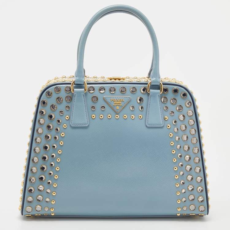 PRADA Women Vernice Crystal Studded Saffiano Leather Top Handle Should