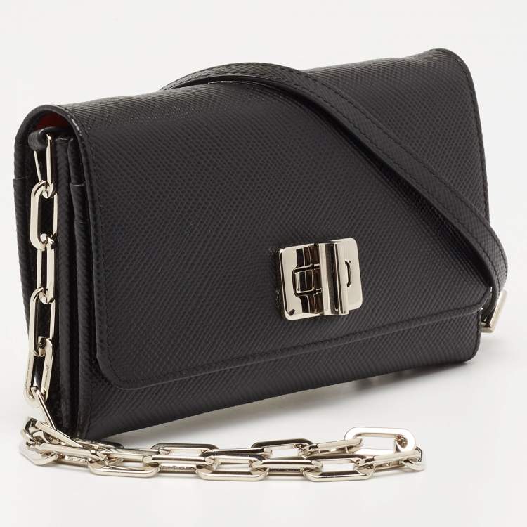 Pre Owned Prada Black Saffiano Lux Leather Turnlok Flap Wallet on Chain
