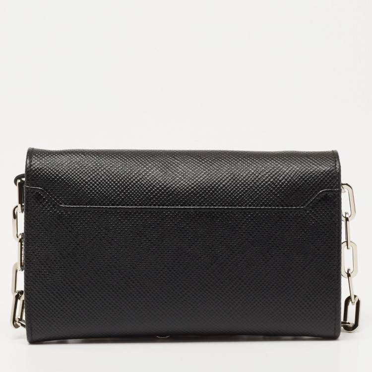 Pre Owned Prada Black Saffiano Lux Leather Turnlok Flap Wallet on Chain