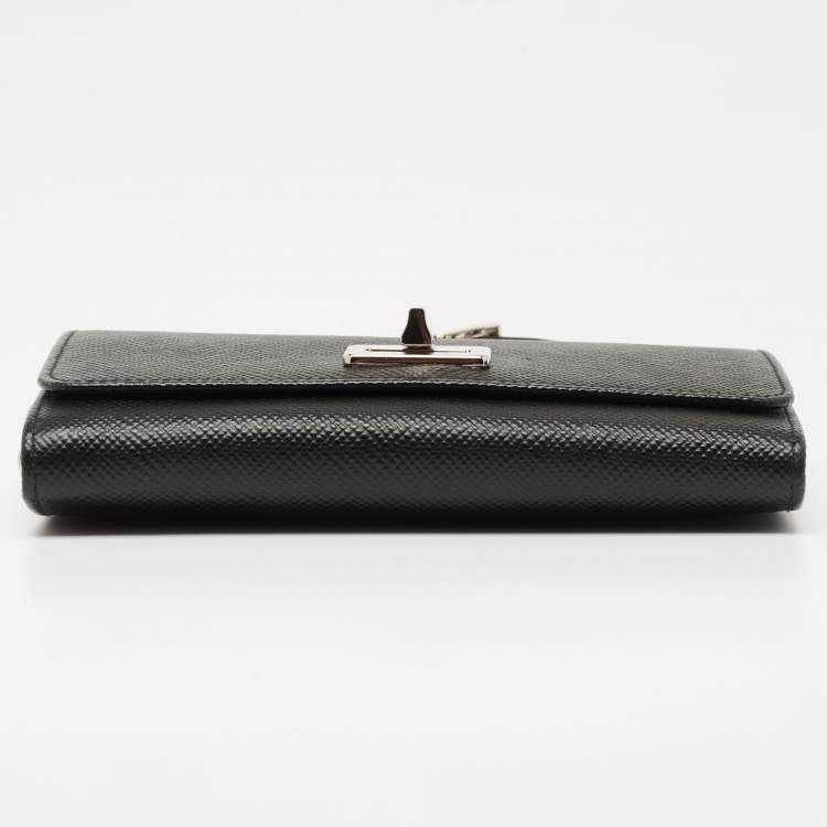 Pre Owned Prada Black Saffiano Lux Leather Turnlok Flap Wallet on Chain