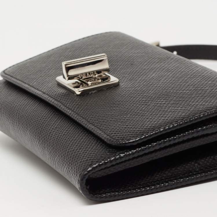Pre Owned Prada Black Saffiano Lux Leather Turnlok Flap Wallet on Chain