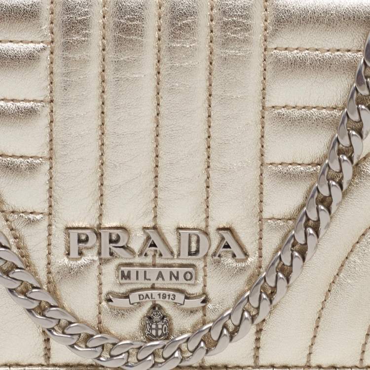 Pre Owned Prada Gold Quilted Leather Diagramme Impunture Wallet On Chain