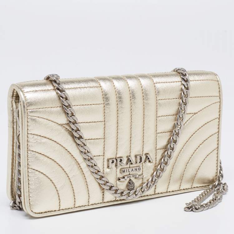 Pre Owned Prada Gold Quilted Leather Diagramme Impunture Wallet On Chain
