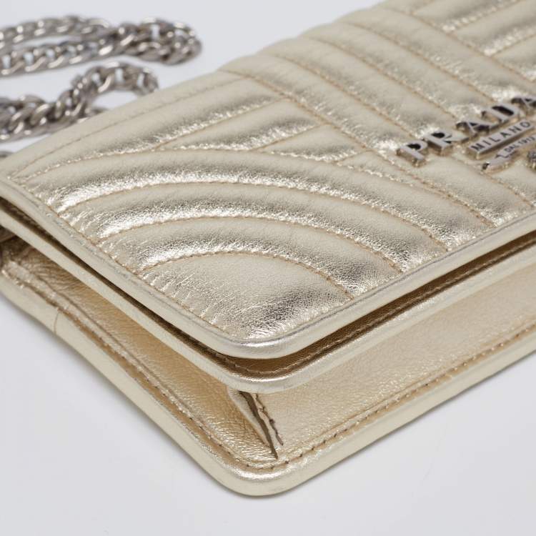 Pre Owned Prada Gold Quilted Leather Diagramme Impunture Wallet On Chain