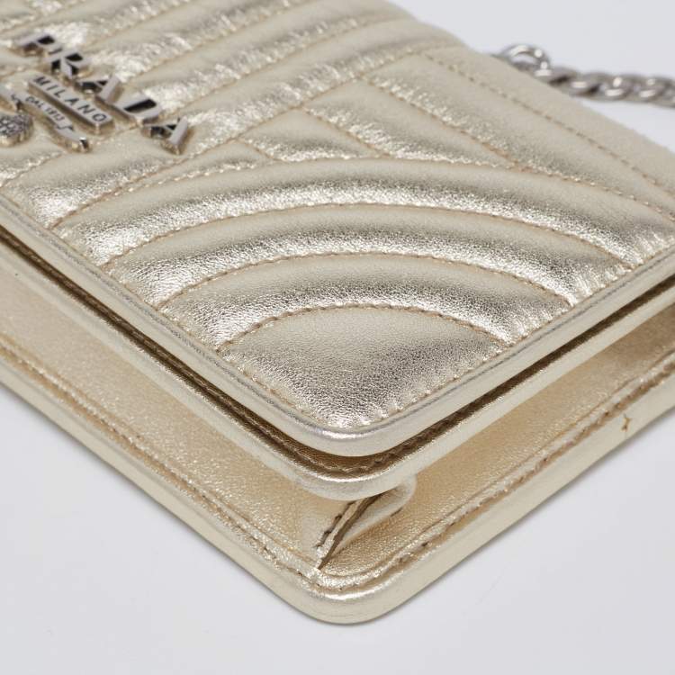 Pre Owned Prada Gold Quilted Leather Diagramme Impunture Wallet On Chain