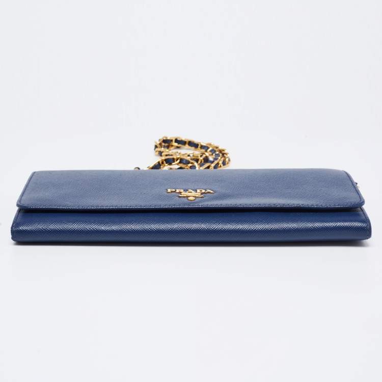 Pre Owned Prada Navy Blue Saffiano Metal Leather Logo Wallet on Chain 