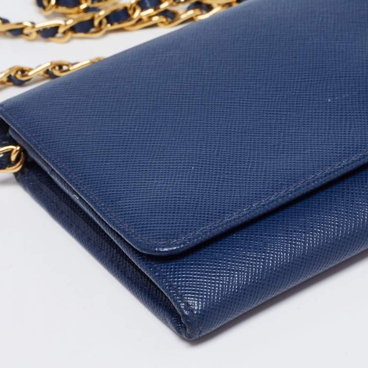 Pre Owned Prada Navy Blue Saffiano Metal Leather Logo Wallet on Chain 
