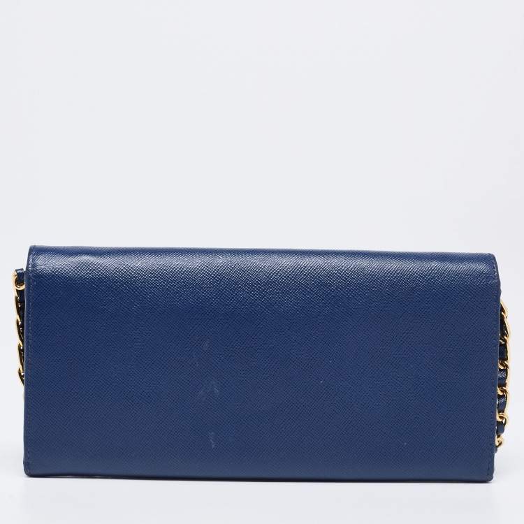 Pre Owned Prada Navy Blue Saffiano Metal Leather Logo Wallet on Chain 