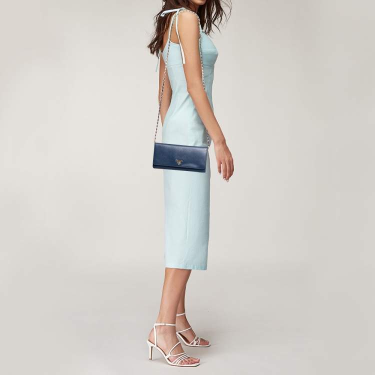 Pre Owned Prada Navy Blue Saffiano Metal Leather Logo Wallet on Chain 