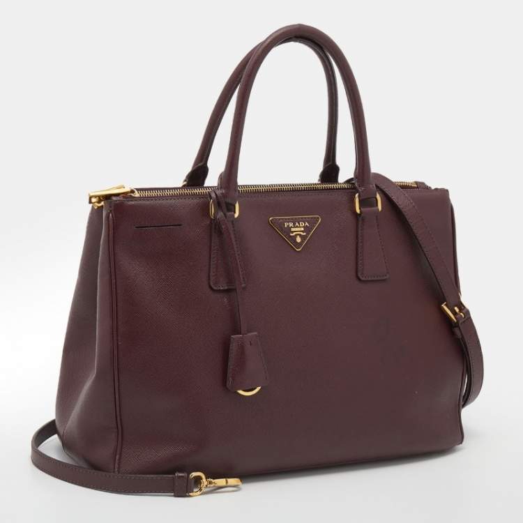 Pre Owned Prada Burgundy Saffiano Lux Leather Large Galleria Double Zip Tote