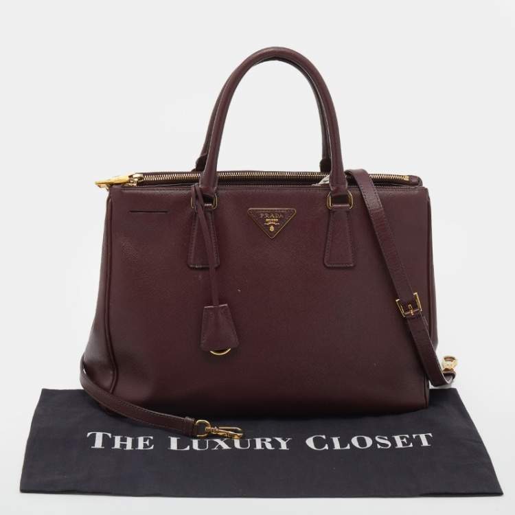 Pre Owned Prada Burgundy Saffiano Lux Leather Large Galleria Double Zip Tote