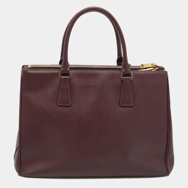 Pre Owned Prada Burgundy Saffiano Lux Leather Large Galleria Double Zip Tote
