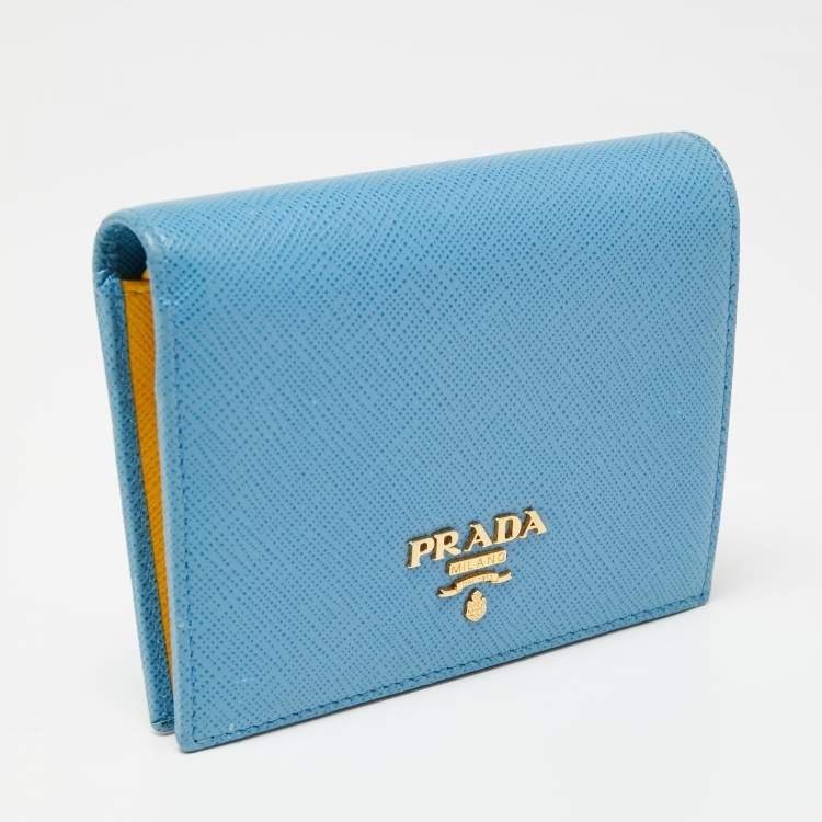 Pre Owned Prada Light Blue Saffiano Metal Leather Bifold Card Case