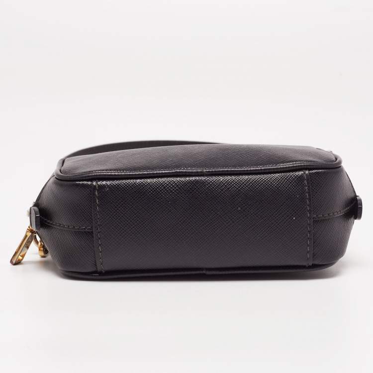 Pre Owned Prada Black Saffiano Leather Mini Zip Top Camera Sling Bag