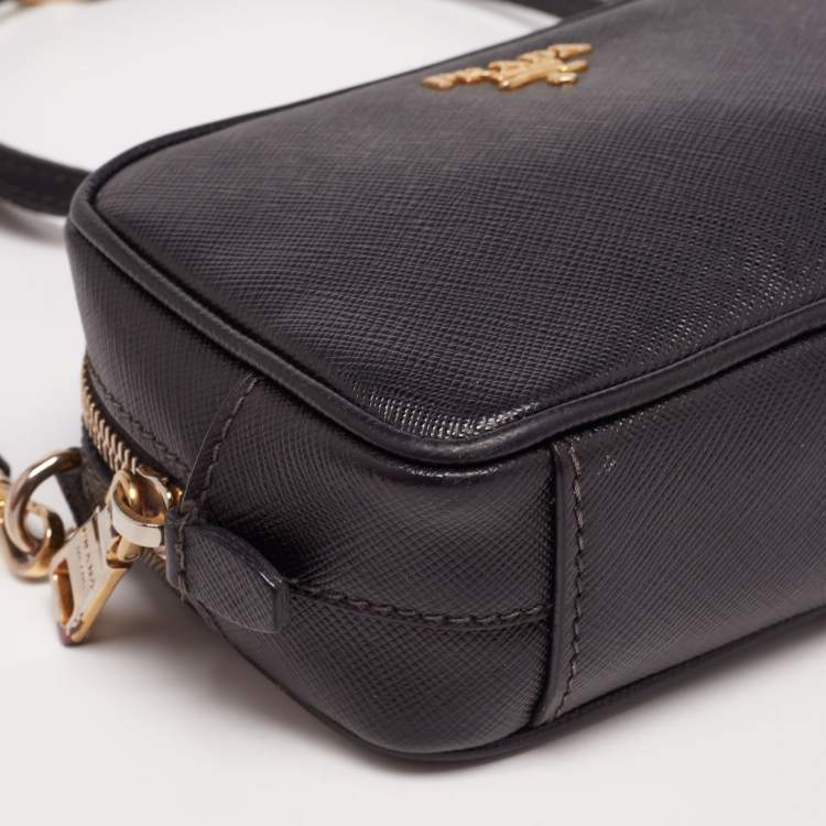 Pre Owned Prada Black Saffiano Leather Mini Zip Top Camera Sling Bag