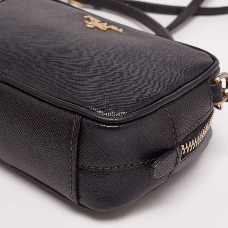 Pre Owned Prada Black Saffiano Leather Mini Zip Top Camera Sling Bag