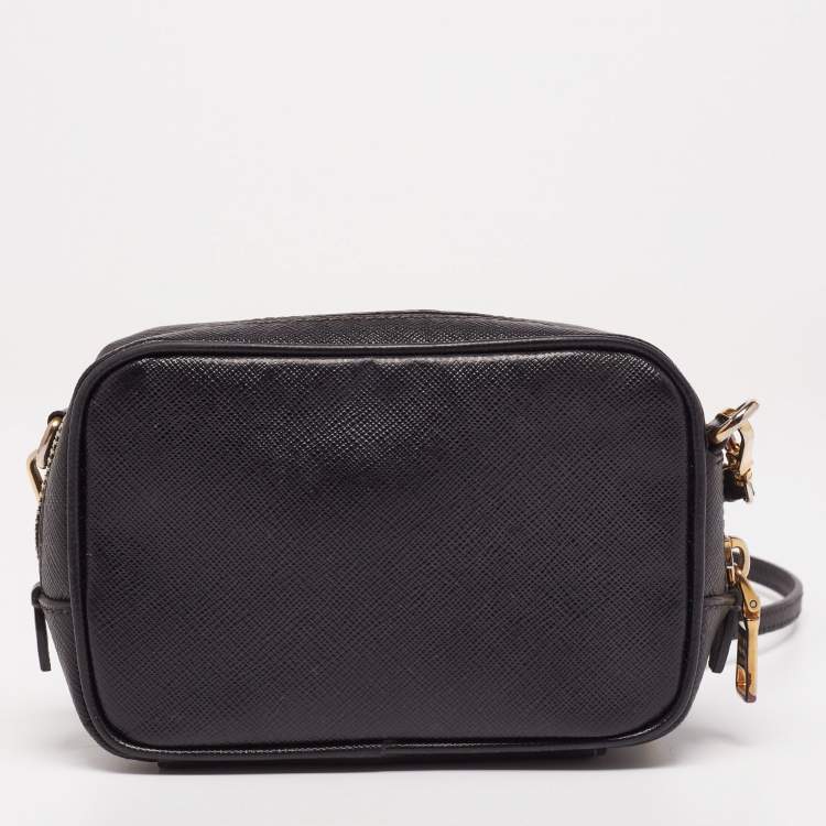 Pre Owned Prada Black Saffiano Leather Mini Zip Top Camera Sling Bag