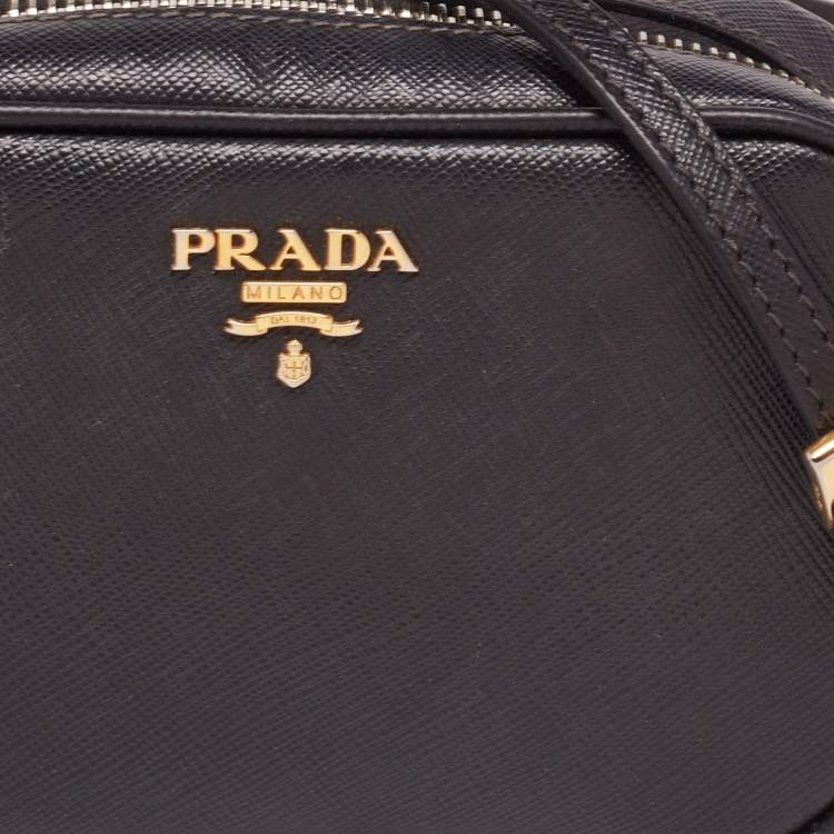 Pre Owned Prada Black Saffiano Leather Mini Zip Top Camera Sling Bag