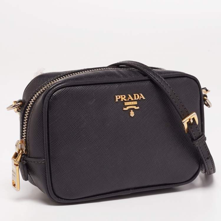 Pre Owned Prada Black Saffiano Leather Mini Zip Top Camera Sling Bag