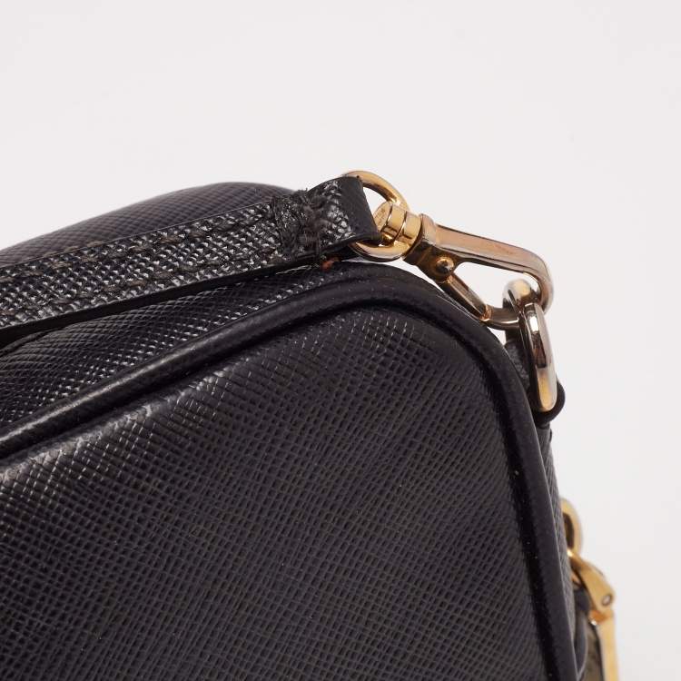 Pre Owned Prada Black Saffiano Leather Mini Zip Top Camera Sling Bag