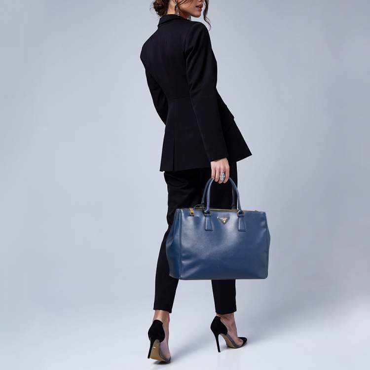 Pre Owned Prada Blue Saffiano Lux Leather Large Galleria Double Zip Tote