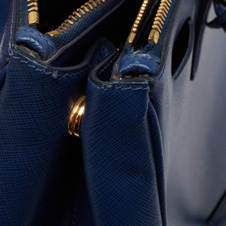 Pre Owned Prada Blue Saffiano Lux Leather Large Galleria Double Zip Tote