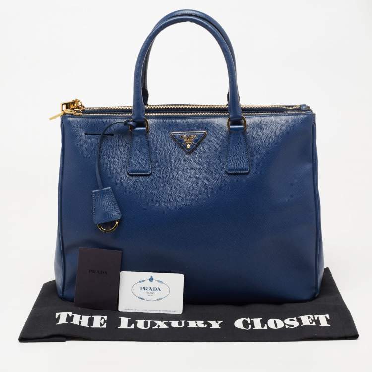 Pre Owned Prada Blue Saffiano Lux Leather Large Galleria Double Zip Tote
