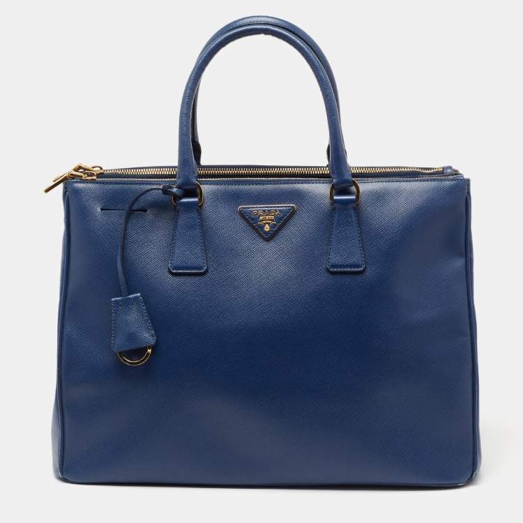 Pre Owned Prada Blue Saffiano Lux Leather Large Galleria Double Zip Tote