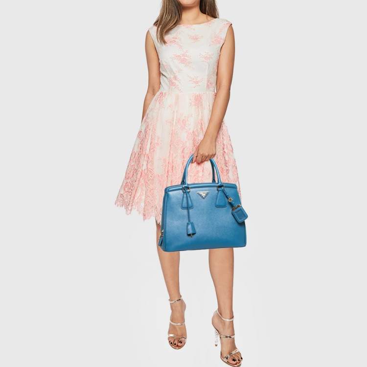 Pre Owned Prada Blue Saffiano Lux Leather Medium Galleria Zip Tote