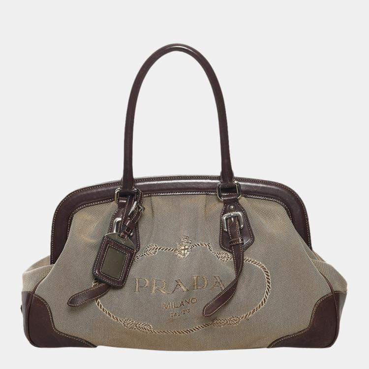 Pre Owned Prada Brown/Beige  Canapa Logo Frame Handbag