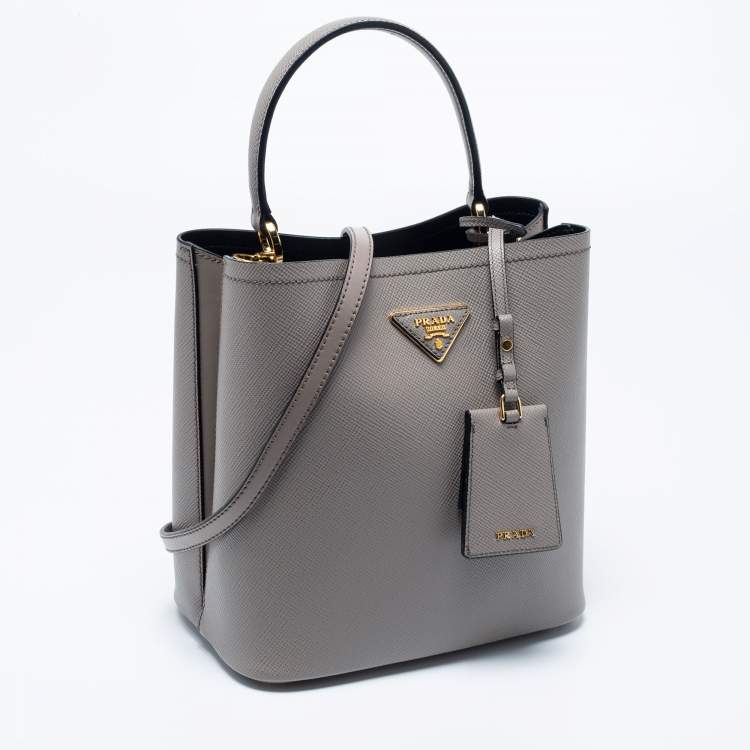 Pre Owned Prada Grey Saffiano Lux Leather Medium Panier Top Handle Bag
