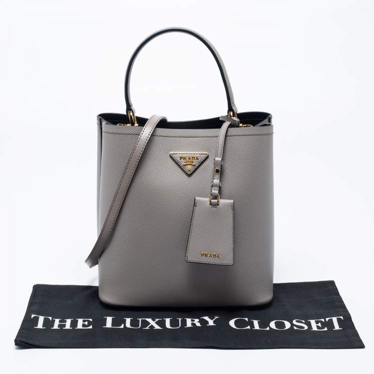 Pre Owned Prada Grey Saffiano Lux Leather Medium Panier Top Handle Bag