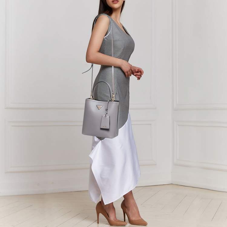 Pre Owned Prada Grey Saffiano Lux Leather Medium Panier Top Handle Bag