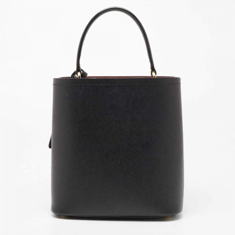 Pre Owned Prada Black Saffiano Lux Leather Medium Panier Top Handle Bag