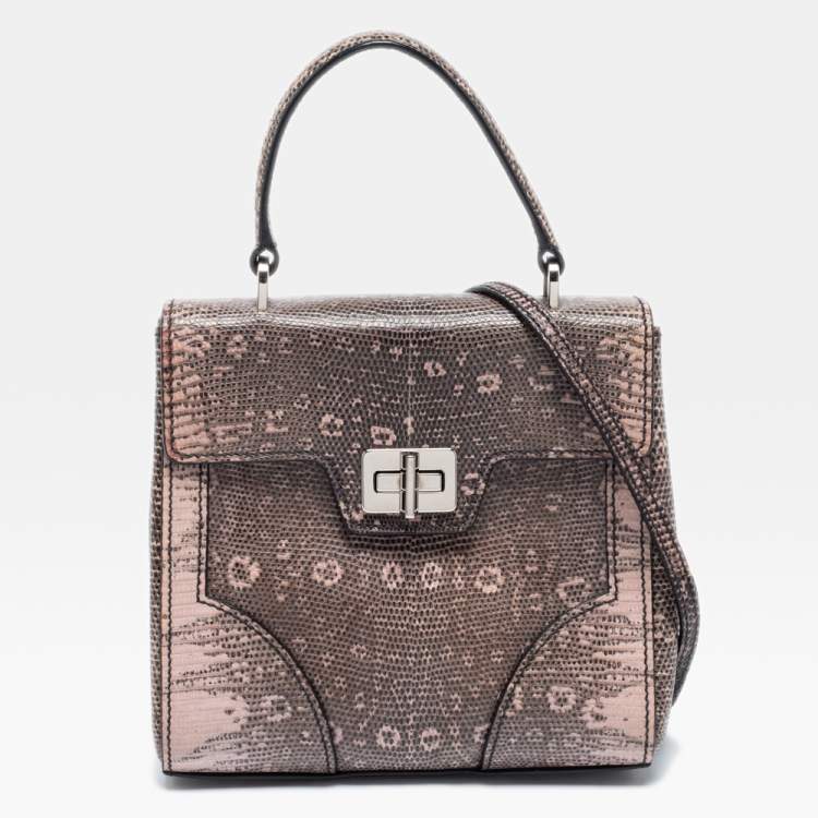 Pre Owned Prada Pink/Brown Lizard Leather Flap Top Handle Bag
