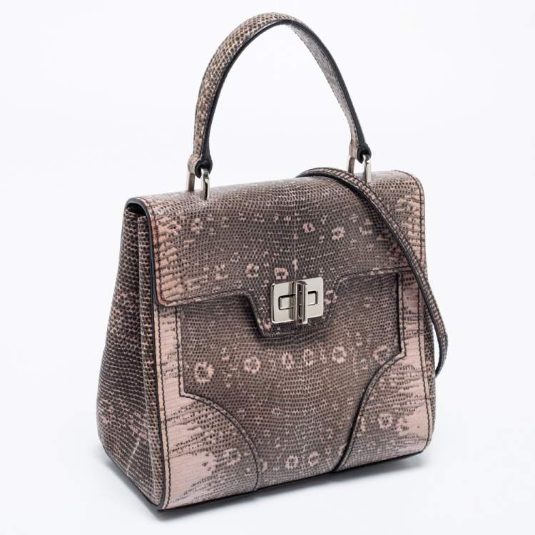Pre Owned Prada Pink/Brown Lizard Leather Flap Top Handle Bag
