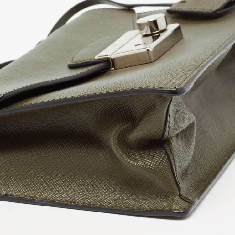 Pre Owned Prada Olive Green Saffiano Lux Leather Mini Sound Top Handle Bag