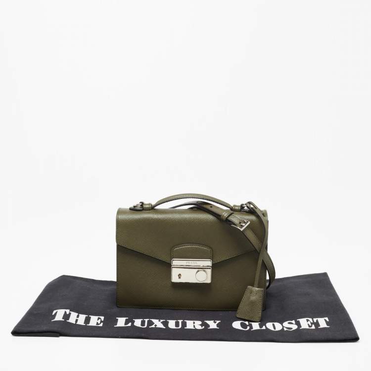 Pre Owned Prada Olive Green Saffiano Lux Leather Mini Sound Top Handle Bag