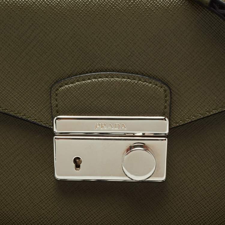 Pre Owned Prada Olive Green Saffiano Lux Leather Mini Sound Top Handle Bag