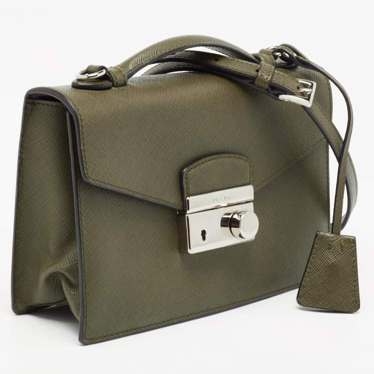 Pre Owned Prada Olive Green Saffiano Lux Leather Mini Sound Top Handle Bag