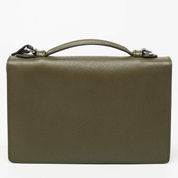 Pre Owned Prada Olive Green Saffiano Lux Leather Mini Sound Top Handle Bag