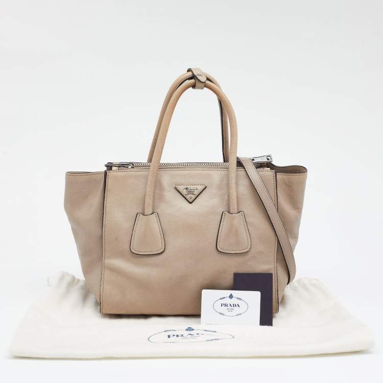 Pre Owned Prada Beige Glace Leather Twin Pocket Double Handle Tote 