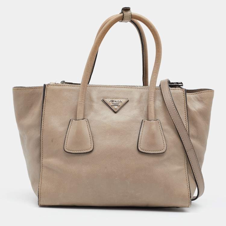 Pre Owned Prada Beige Glace Leather Twin Pocket Double Handle Tote 