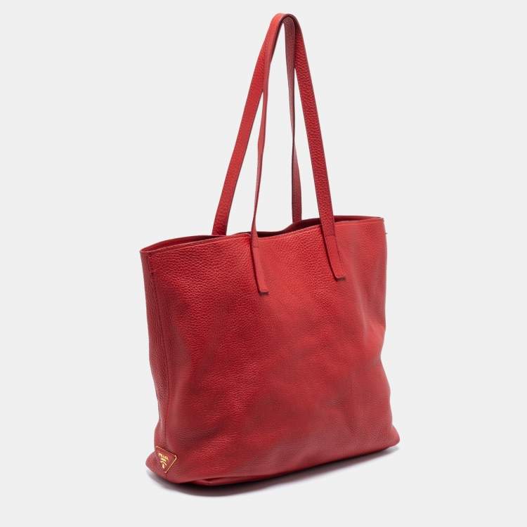 Pre Owned Prada Red Vitello Daino Leather Shopper Tote